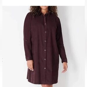 J Jill Corduroy Dress Burgundy Button Front Long Sleeve Midi Dress Small plum